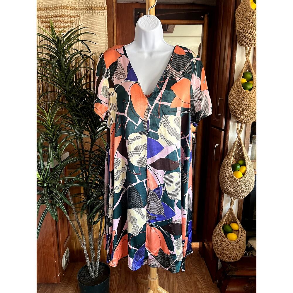 Corey Lynn Calter Anthropologie Dress L Jewel Tone Floral V-Neck Swing Tunic NWT